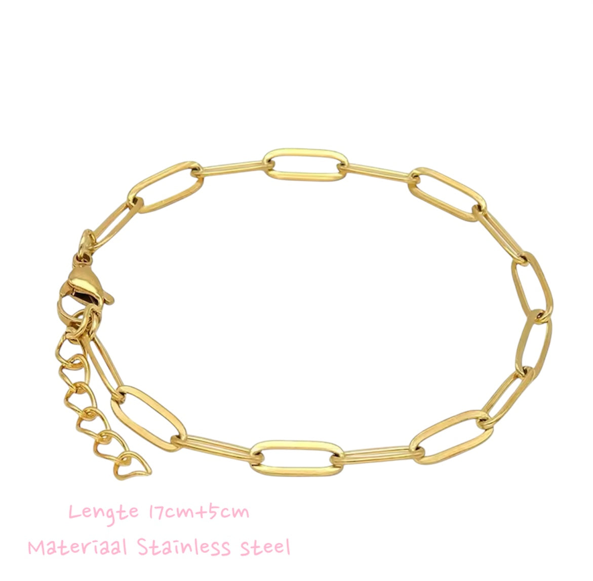 Stainless steel goedkleurige paperclip armband – stijlvolle en tijdloze armband met schakelontwerp, roestvrij en duurzaam.