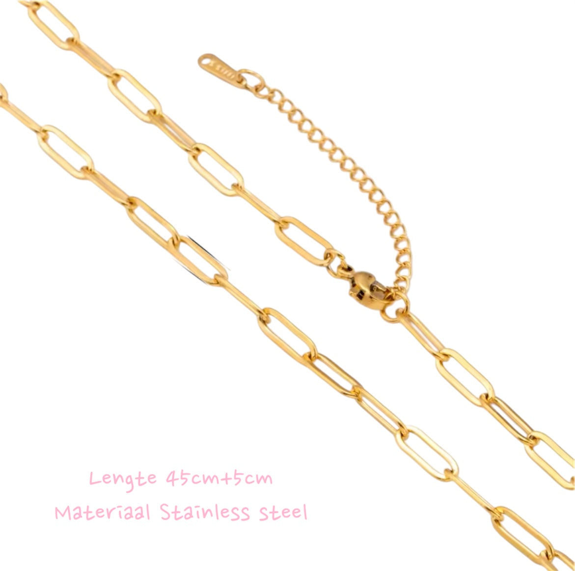 Goudkleurige stainless steel paperclip ketting – trendy en tijdloos schakelontwerp, roestvrij en duurzaam.